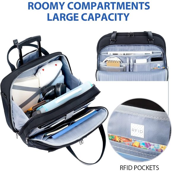 Women's Black Water Repellent Rolling Laptop Bag 15.6 inch - Picture 7 of 11